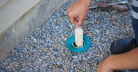 Technician replacing termite bait